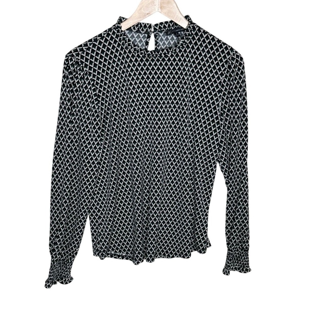 Adrianna Papell Geometric Mock Neck Long Sleeve Top size Medium Blue/White/Black
